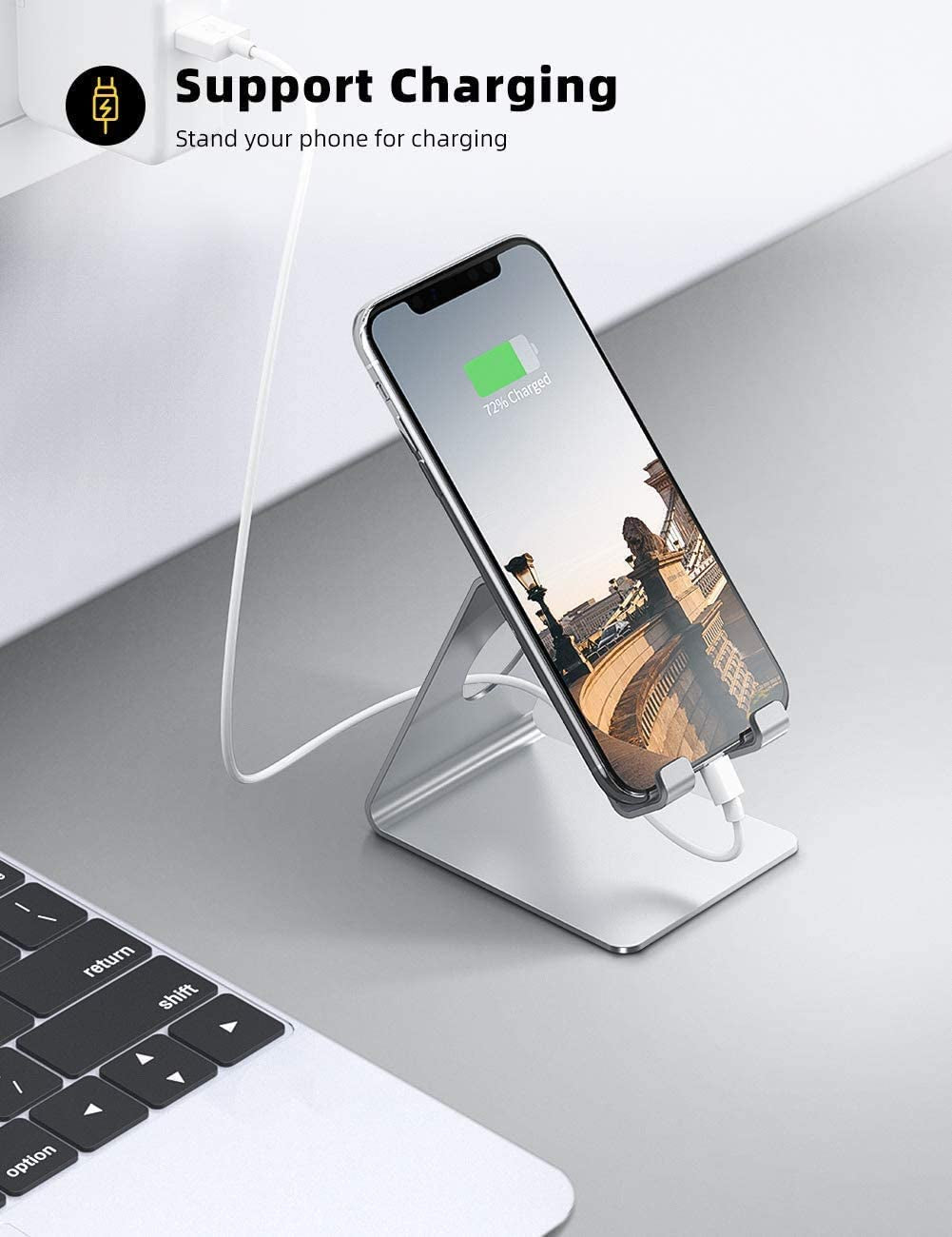 Cell Phone Stand, Desk Phone Holder Cradle, Compatible with Phone 12 Mini 11 Pro Xs Max XR X 8 7 6 plus SE, All Smartphones Charging Dock, Office Desktop Accessories - Silver