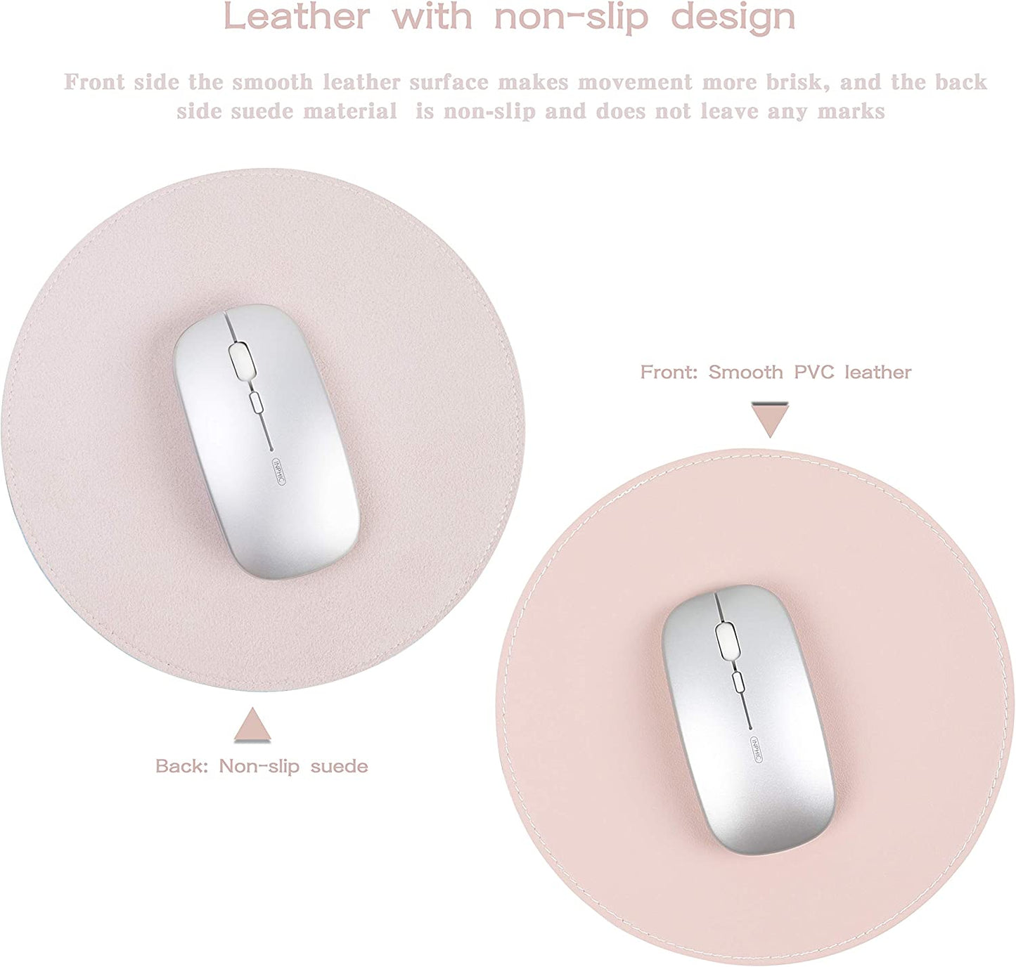 2 Pack Ultra Thin Waterproof PU Leather Mouse Pad,Stitched Edges,Works for Computers, Laptop,All Types of Mouse Pad, Office/Home(8.66'', 2 Pack, Pink)