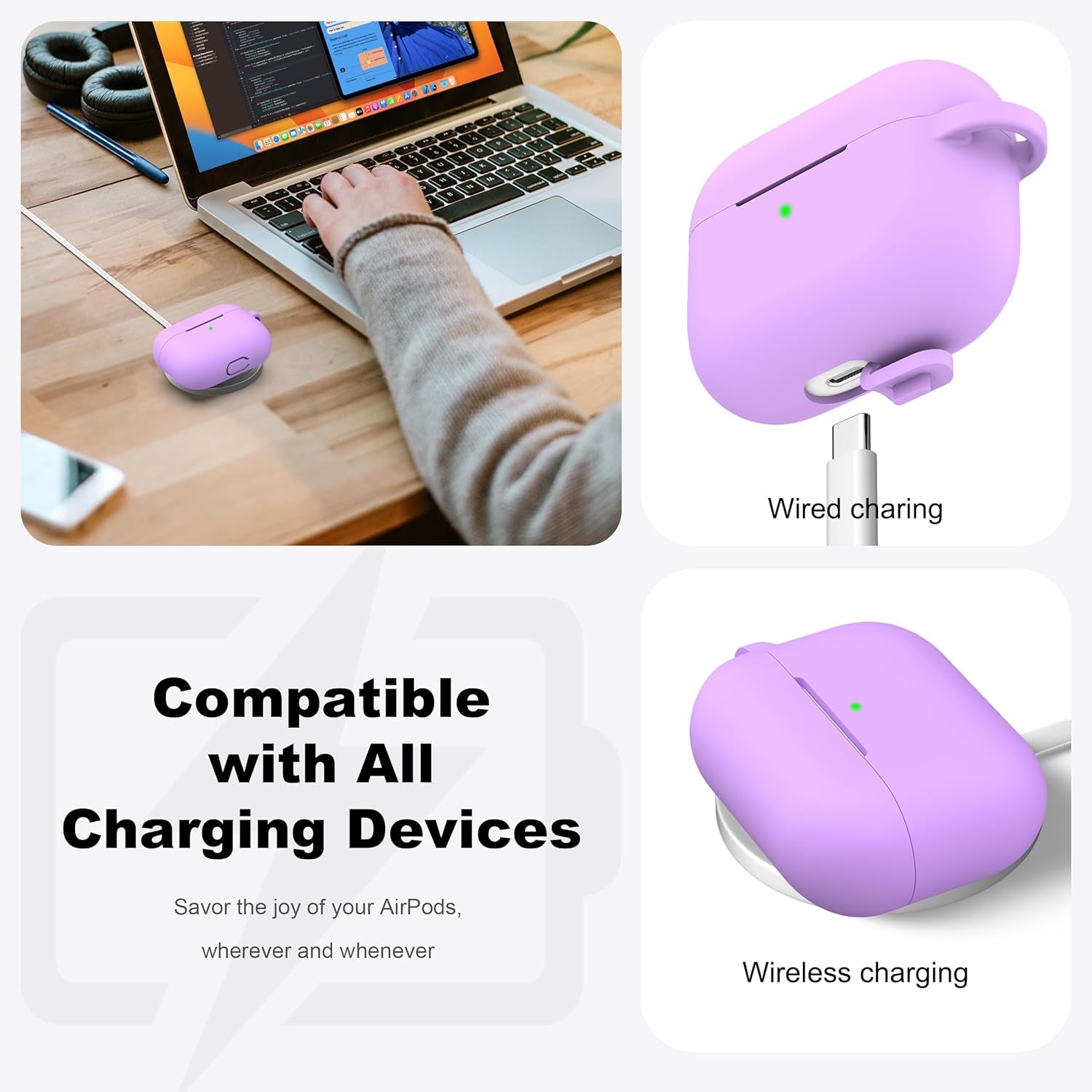 for Airpods Pro 2Nd/1St Generation Case with Cleaner Kit,Soft Silicone Protective Case Cover for Apple Airpod Pro 2/1 for Women Men,Airpods Pro Case Accessories with Keychain,Lavender